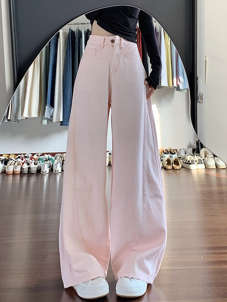 High-Waisted Pink Wide-Leg Denim Pants for Women - Summer 2025 Loose Drape Curved Blade Style for Petite Sizes