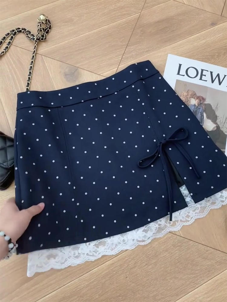 High-Waisted Polka Dot Lace Split Hem Skirt for Petite Women - Slimming A-Line Bodycon Mini with Small Bow Detail High-Waisted Polka Dot Lace Split Hem Skirt for Petite Women - Slimming A-Line Bodycon Mini with Small Bow Detail