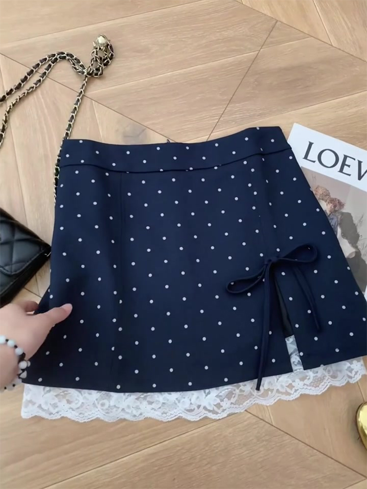High-Waisted Polka Dot Lace Split Hem Skirt for Petite Women - Slimming A-Line Bodycon Mini with Small Bow Detail