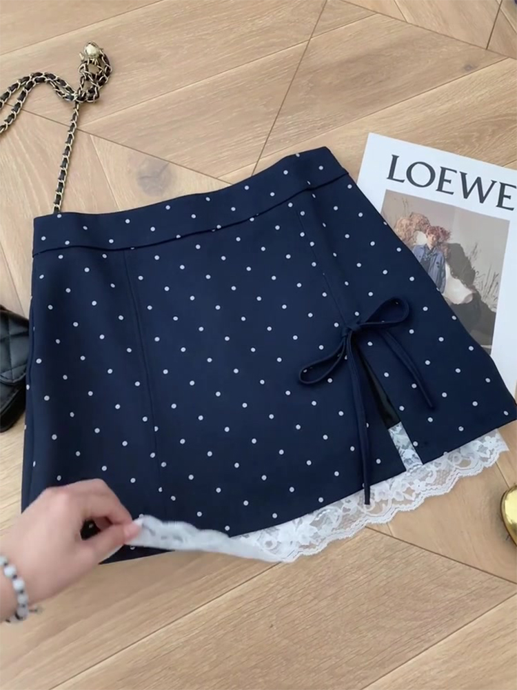 High-Waisted Polka Dot Lace Split Hem Skirt for Petite Women - Slimming A-Line Bodycon Mini with Small Bow Detail High-Waisted Polka Dot Lace Split Hem Skirt for Petite Women - Slimming A-Line Bodycon Mini with Small Bow Detail