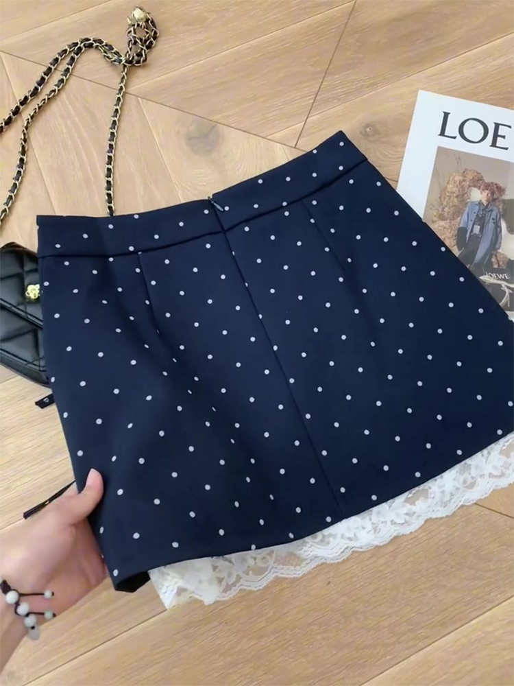 High-Waisted Polka Dot Lace Split Hem Skirt for Petite Women - Slimming A-Line Bodycon Mini with Small Bow Detail High-Waisted Polka Dot Lace Split Hem Skirt for Petite Women - Slimming A-Line Bodycon Mini with Small Bow Detail