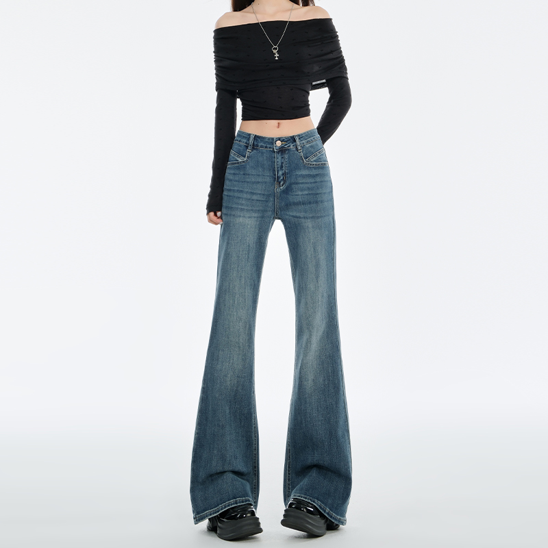 High-Waisted Retro Blue Flared Jeans for Women - 2025 Autumn Winter Slim-Fit Bell-Bottom Pants