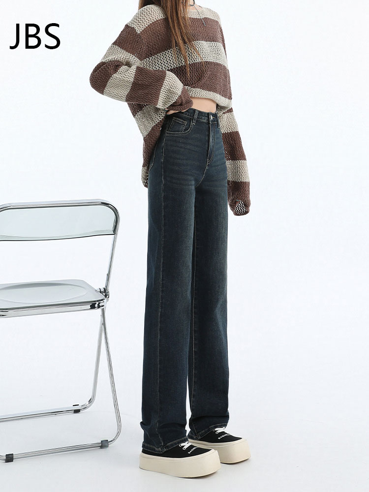 High-Waisted Retro Blue-Gray Fleece-Lined Straight-Leg Jeans for Women, Slimming Loose Narrow Pants for Autumn Winter 2025 High-Waisted Retro Blue-Gray Fleece-Lined Straight-Leg Jeans for Women, Slimming Loose Narrow Pants for Autumn Winter 2025