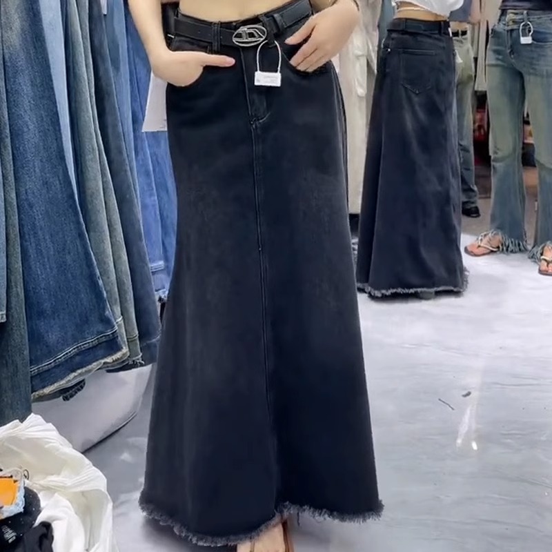 High-Waisted Retro Bodycon Mermaid Midi Skirt for Women - Slim Fit Denim Long Skirt, Summer 2025 Fashion