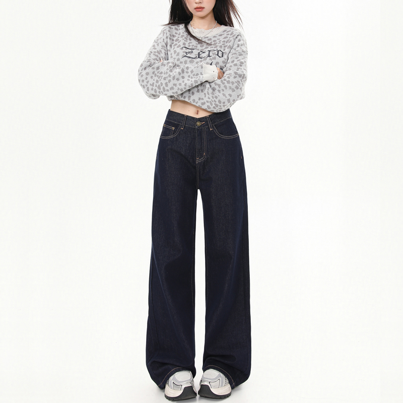 High-Waisted Retro Deep Blue Women's Jeans - Fleece Lined, Loose Wide-Leg Straight Pants for Autumn & Winter 2025