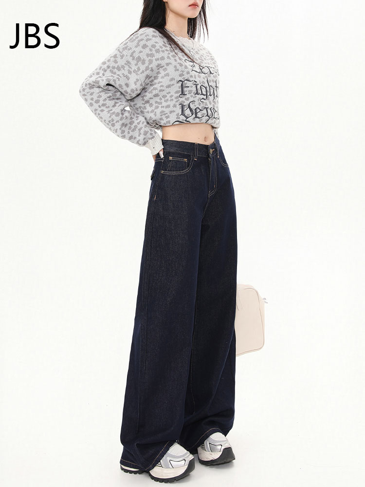 High-Waisted Retro Deep Blue Women's Jeans - Fleece Lined, Loose Wide-Leg Straight Pants for Autumn & Winter 2025 High-Waisted Retro Deep Blue Women's Jeans - Fleece Lined, Loose Wide-Leg Straight Pants for Autumn & Winter 2025