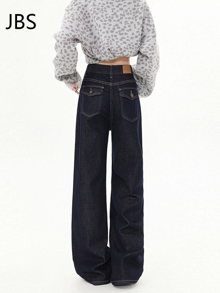 High-Waisted Retro Deep Blue Women's Jeans - Fleece Lined, Loose Wide-Leg Straight Pants for Autumn & Winter 2025 High-Waisted Retro Deep Blue Women's Jeans - Fleece Lined, Loose Wide-Leg Straight Pants for Autumn & Winter 2025