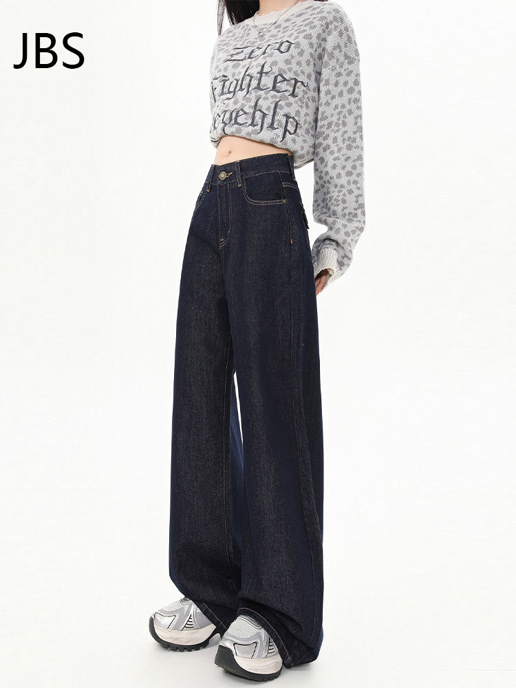 High-Waisted Retro Deep Blue Women's Jeans - Fleece Lined, Loose Wide-Leg Straight Pants for Autumn & Winter 2025 High-Waisted Retro Deep Blue Women's Jeans - Fleece Lined, Loose Wide-Leg Straight Pants for Autumn & Winter 2025