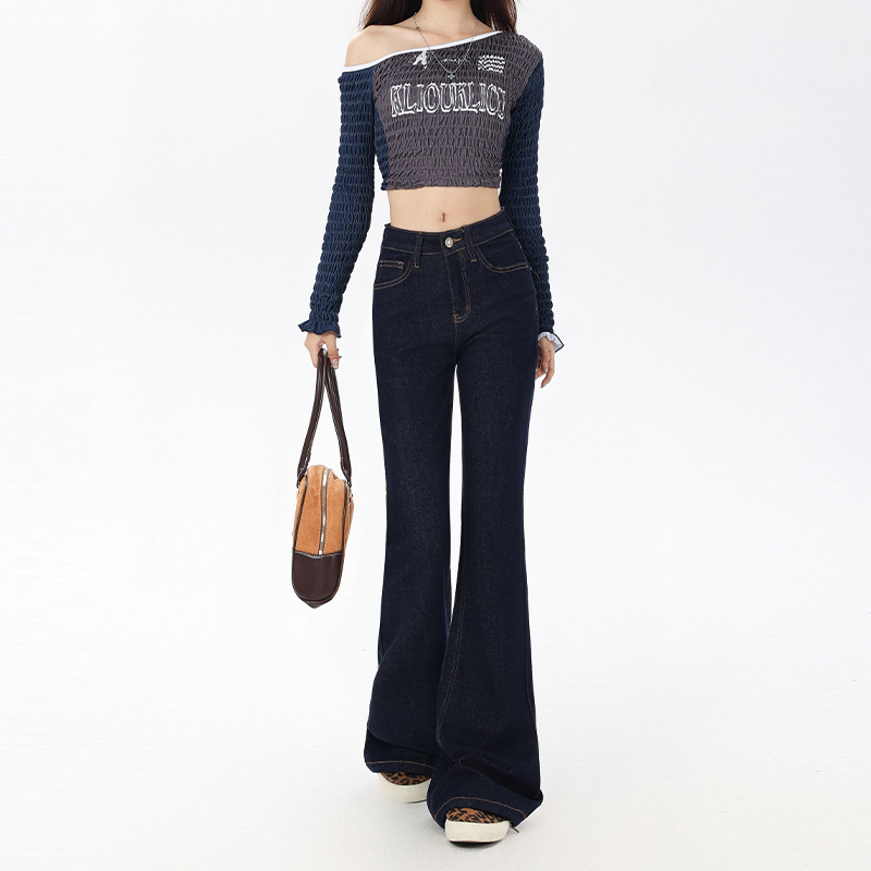 High-Waisted Retro Denim Blue Flared Jeans for Women, Fleece-Lined Slimming Floor-Length Pants, Autumn 2025 Style