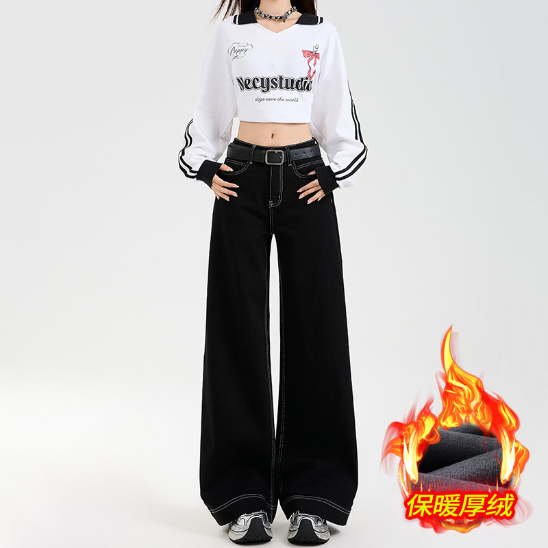 High-Waisted Retro Denim Wide-Leg Jeans for Women, Fleece-Lined Casual Pants, Autumn Winter Style, Perfect for Petite Figures High-Waisted Retro Denim Wide-Leg Jeans for Women, Fleece-Lined Casual Pants, Autumn Winter Style, Perfect for Petite Figures