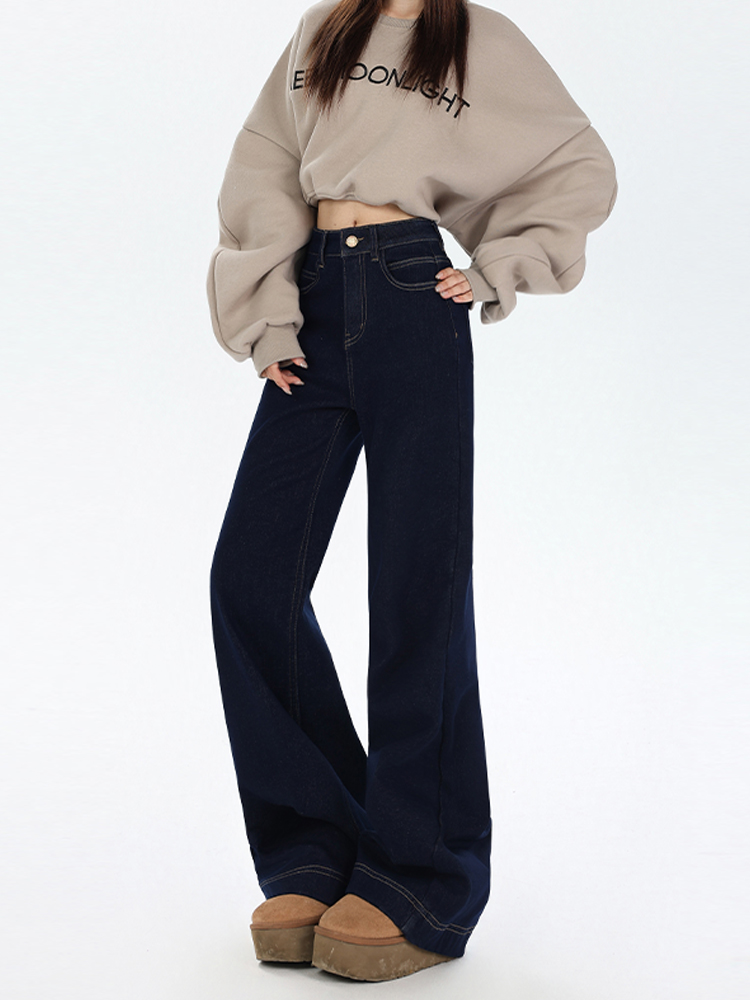High-Waisted Retro Denim Wide-Leg Jeans for Women, Fleece-Lined Casual Pants, Autumn Winter Style, Perfect for Petite Figures High-Waisted Retro Denim Wide-Leg Jeans for Women, Fleece-Lined Casual Pants, Autumn Winter Style, Perfect for Petite Figures