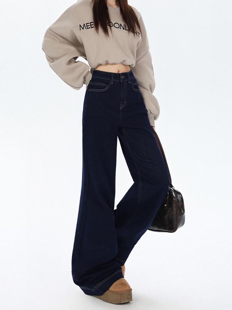 High-Waisted Retro Denim Wide-Leg Jeans for Women, Fleece-Lined Casual Pants, Autumn Winter Style, Perfect for Petite Figures High-Waisted Retro Denim Wide-Leg Jeans for Women, Fleece-Lined Casual Pants, Autumn Winter Style, Perfect for Petite Figures