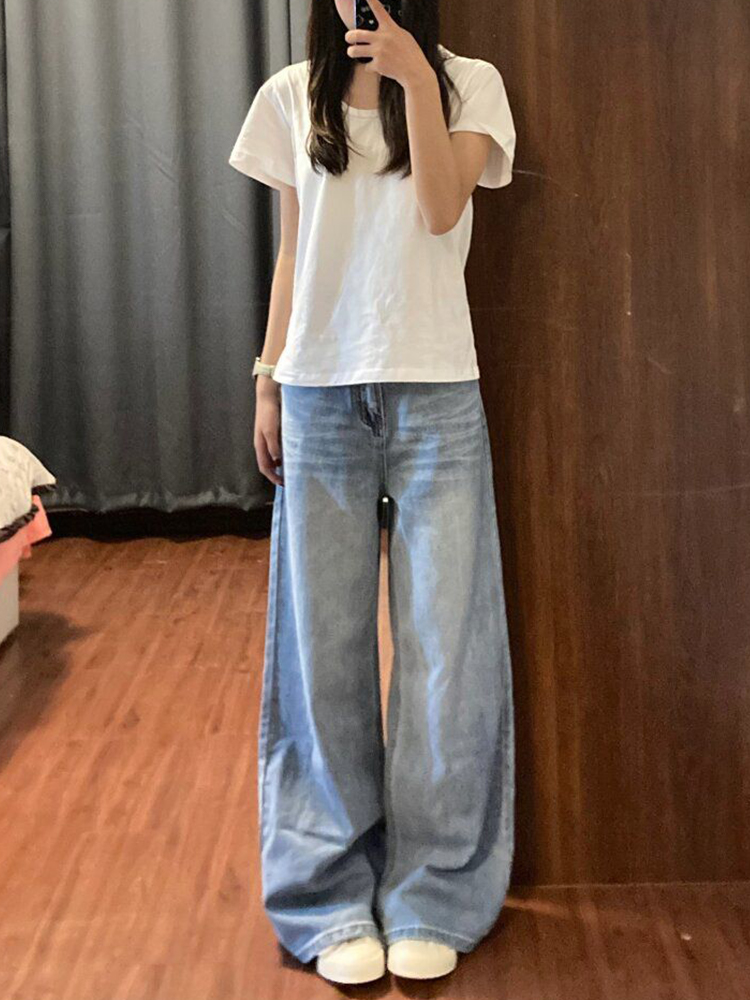High-Waisted Retro Light Blue Wide-Leg Jeans for Women - Summer Loose Fit Straight-Leg Floor-Length Pants, Versatile and Slimming Style