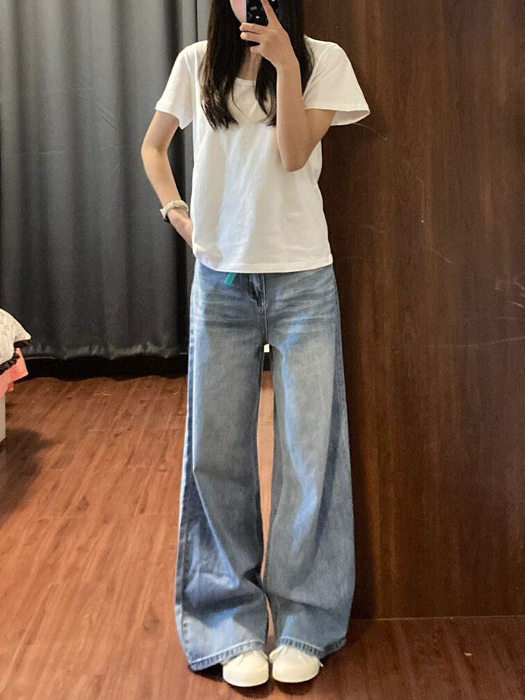 High-Waisted Retro Light Blue Wide-Leg Jeans for Women - Summer Loose Fit Straight-Leg Floor-Length Pants, Versatile and Slimming Style