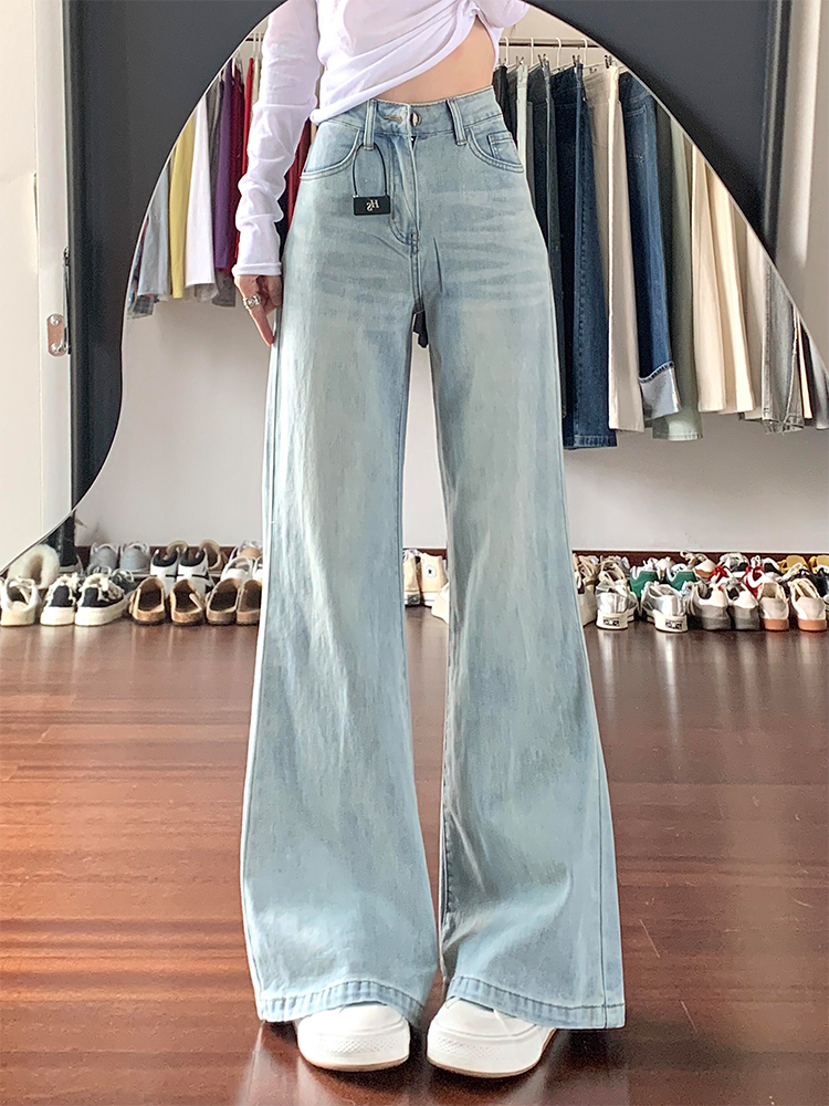 High-Waisted Retro Light-Colored Flared Jeans for Women - Summer Slim Wide-Leg Floor-Length Pants