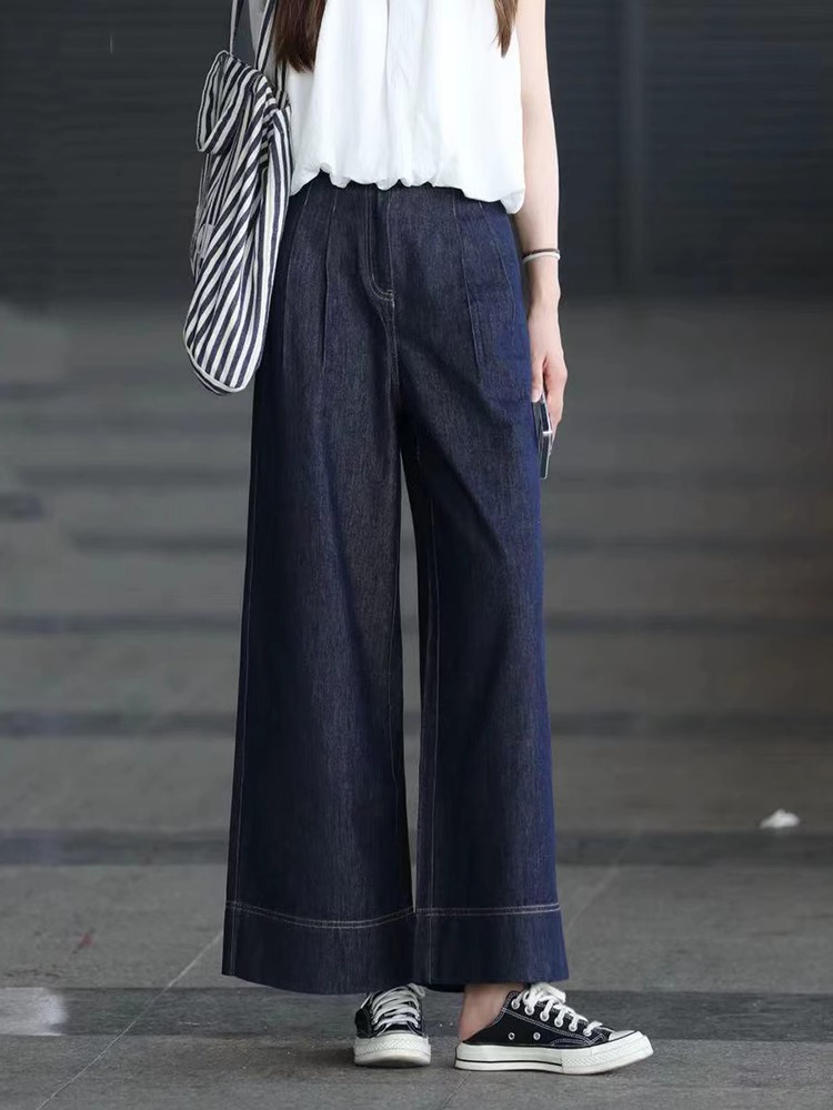 High-Waisted Retro Minimalist Wide-Leg Jeans for Women, Casual Draped Loose Straight Pants, Summer 2025 Fashion