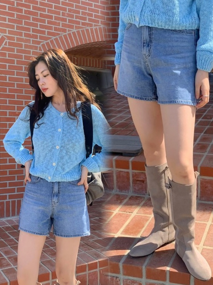 High-Waisted Retro Washed Blue Distressed Denim Shorts - Versatile Korean Style Fashion for a Chic Summer Look High-Waisted Retro Washed Blue Distressed Denim Shorts - Versatile Korean Style Fashion for a Chic Summer Look
