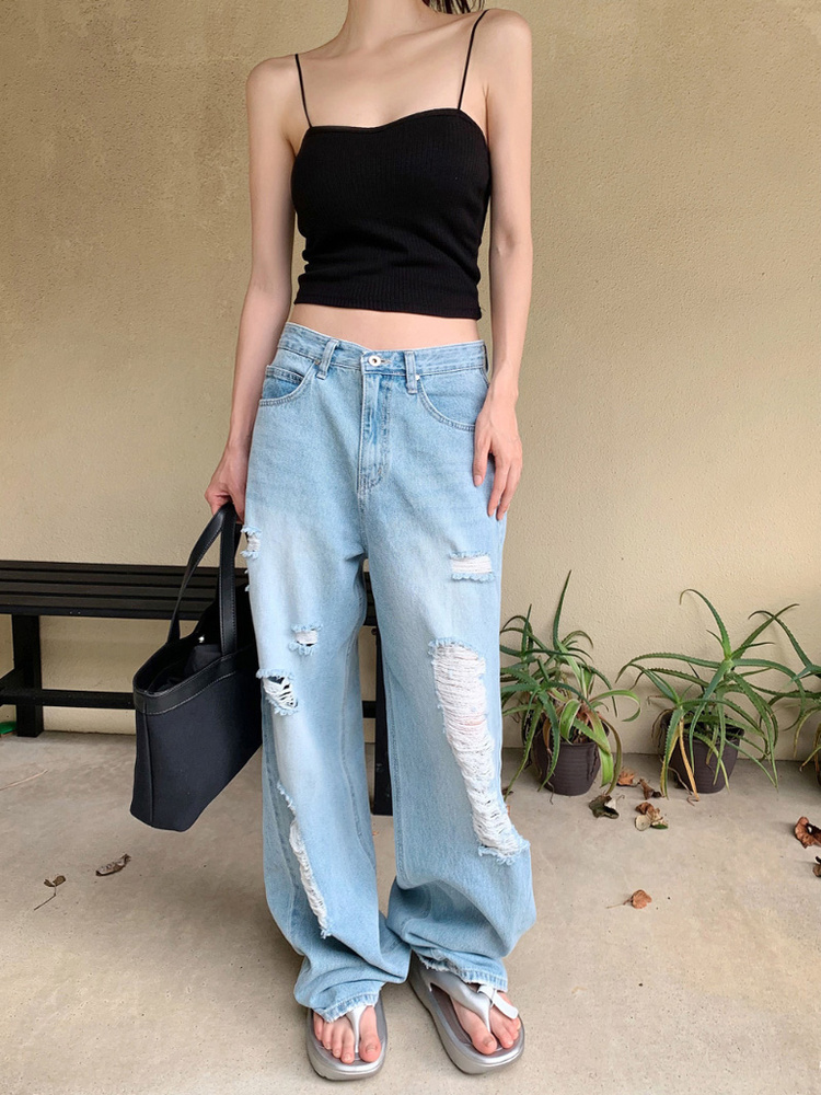 High-Waisted Ripped Straight-Leg Jeans - Korean Style, 90s-Inspired Casual Denim Trousers for Effortless Chic