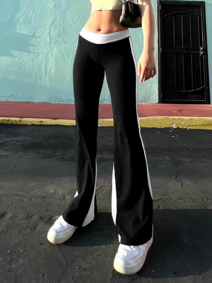 High-Waisted Slim-Fit Striped Color-Block Flared Pants for Women - Trendy American Style Street Casual Autumn Fashion High-Waisted Slim-Fit Striped Color-Block Flared Pants for Women - Trendy American Style Street Casual Autumn Fashion