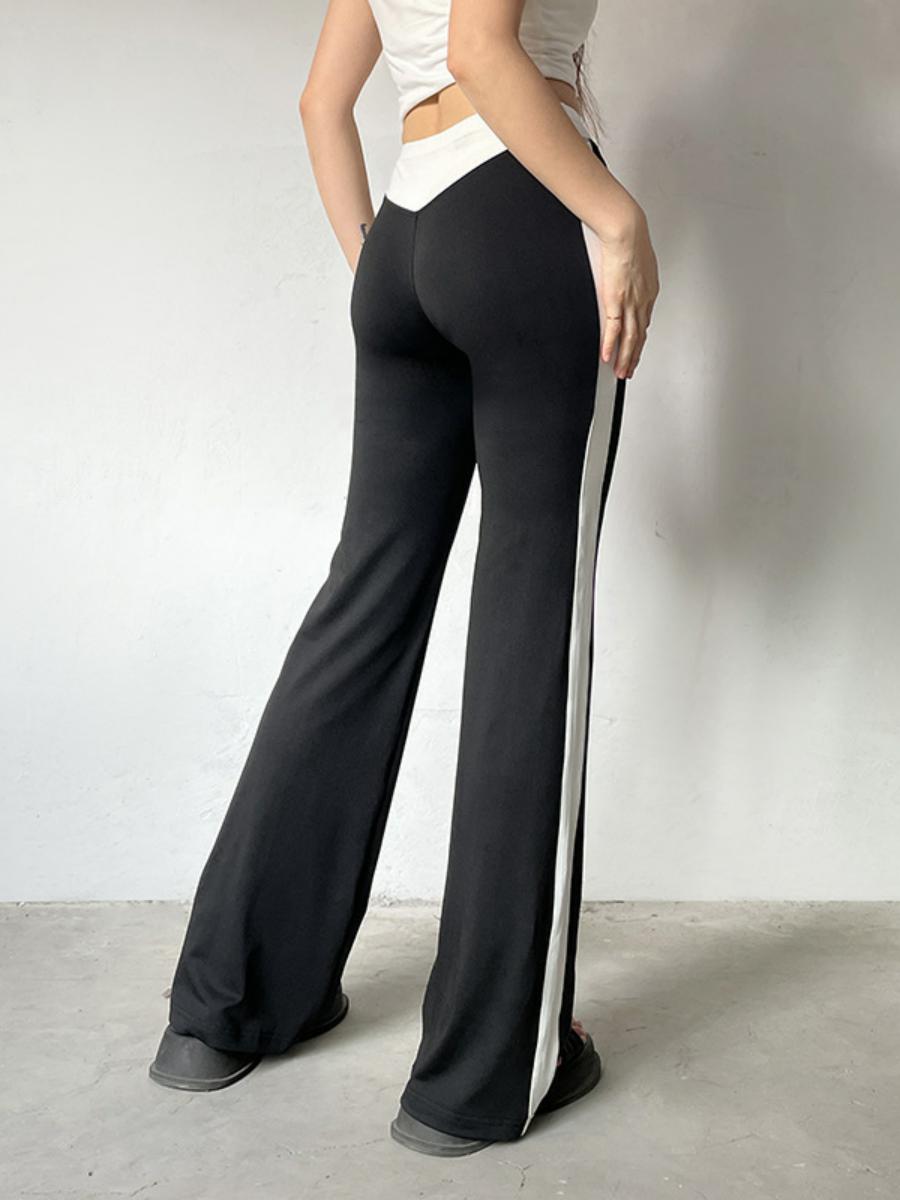 High-Waisted Slim-Fit Striped Color-Block Flared Pants for Women - Trendy American Style Street Casual Autumn Fashion High-Waisted Slim-Fit Striped Color-Block Flared Pants for Women - Trendy American Style Street Casual Autumn Fashion