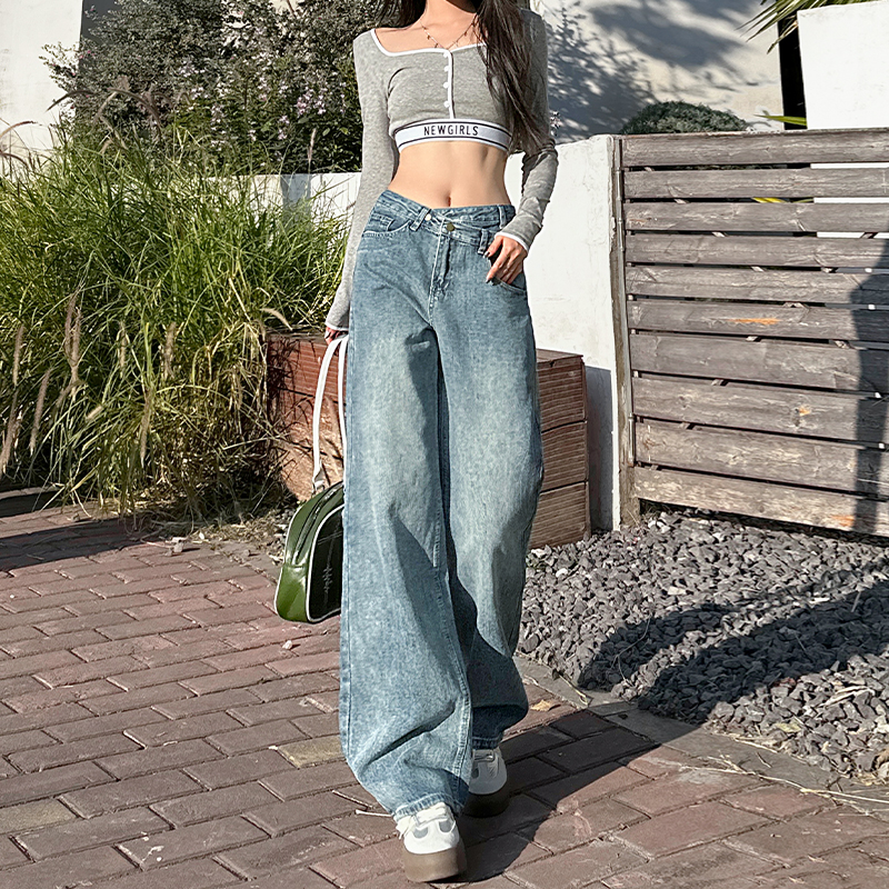 High-Waisted Slim Fit Vintage Straight-Leg Jeans for Women - 2025 Spring Collection, Floor-Length, Wide-Leg Style