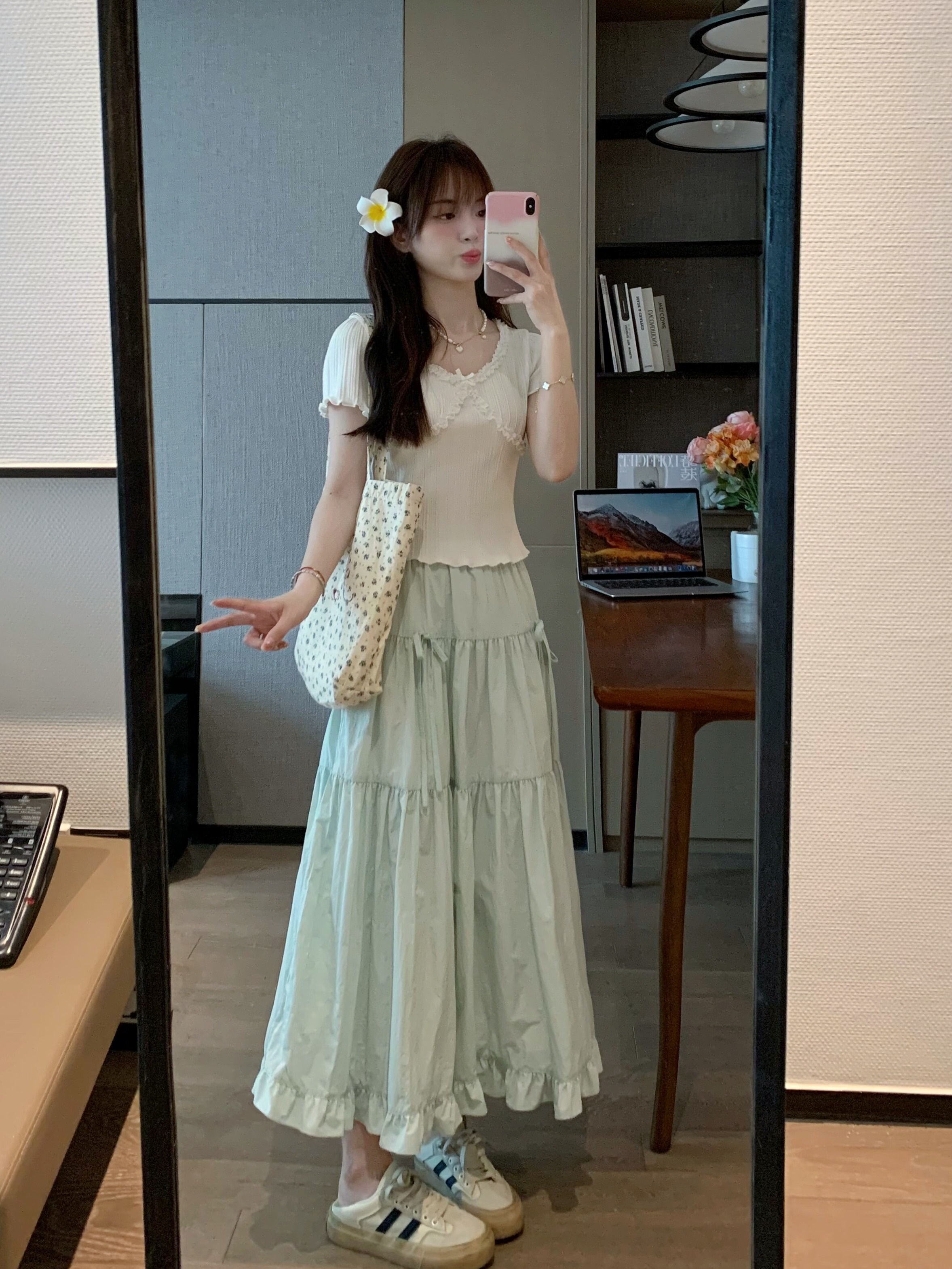 High-Waisted Slimming Mint Green Skirt with Wave Pattern - Summer Essential for All Body Types, Trendy and Stylish