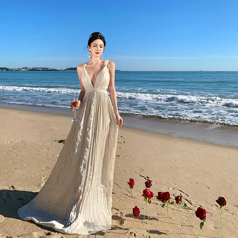 High-Waisted Spaghetti Strap Deep V Dress - Greek Goddess Style, Sexy Long Summer Beach Skirt