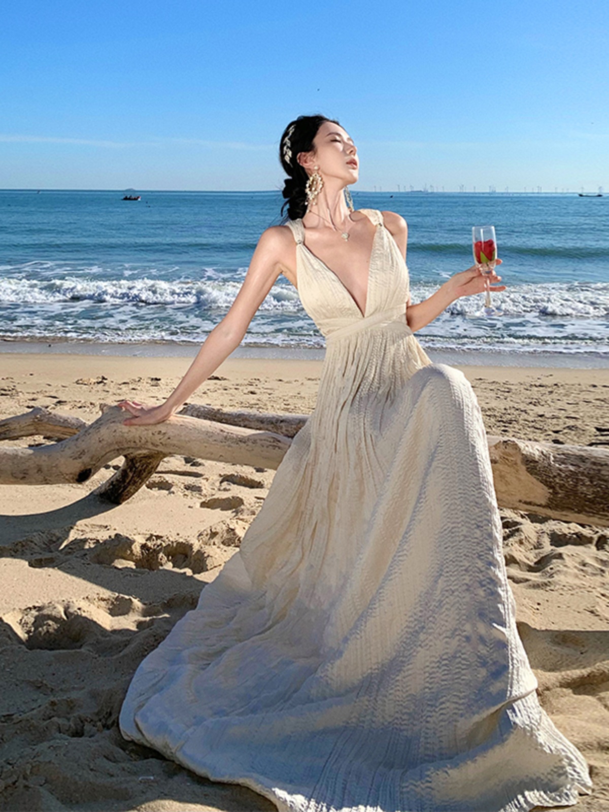 High-Waisted Spaghetti Strap Deep V Dress - Greek Goddess Style, Sexy Long Summer Beach Skirt