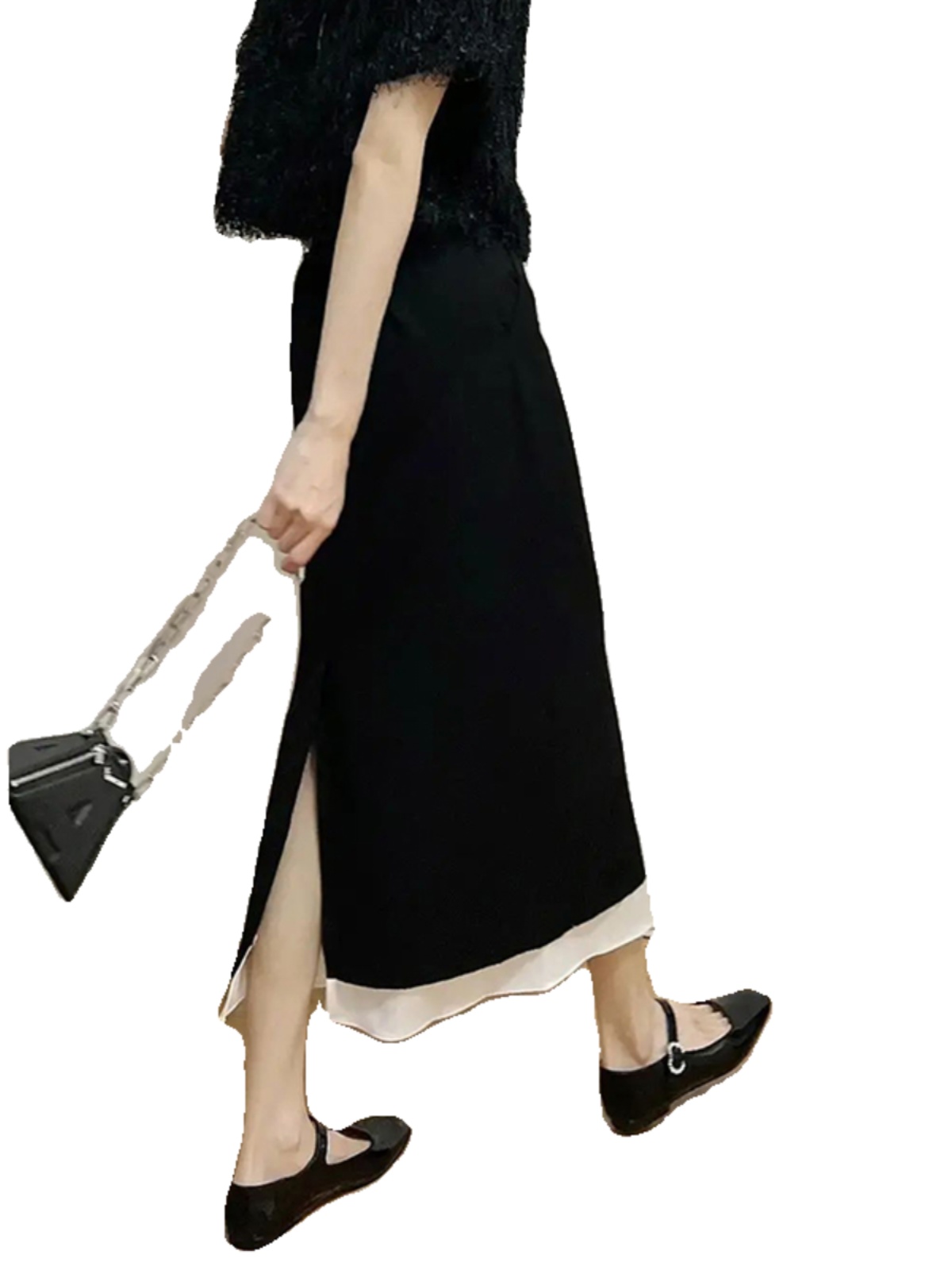 High-Waisted Split Design Black and White Color-Blocking Mid-Length Skirt - Euro-Korean Summer Style for Women High-Waisted Split Design Black and White Color-Blocking Mid-Length Skirt - Euro-Korean Summer Style for Women