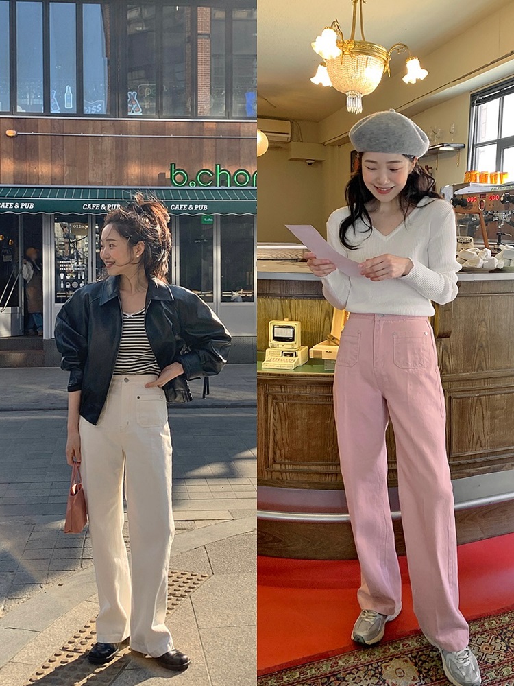 High-Waisted Straight Pants with Cute Pocket Design in Bubblegum Gray-Pink - Korean Style Fashion for a Trendy Look