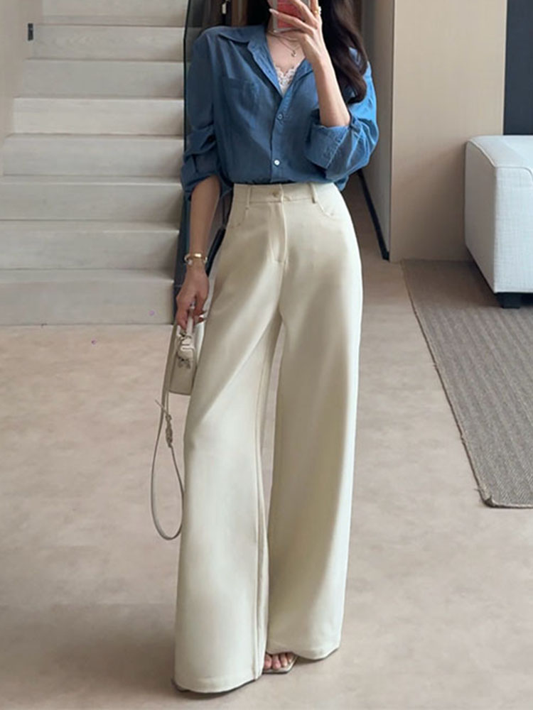 High-Waisted Structured Wide-Leg Pants for Women - 2025 Summer Style, Petite Fit, Casual Trousers, Elongates Legs, Trendy Fashion