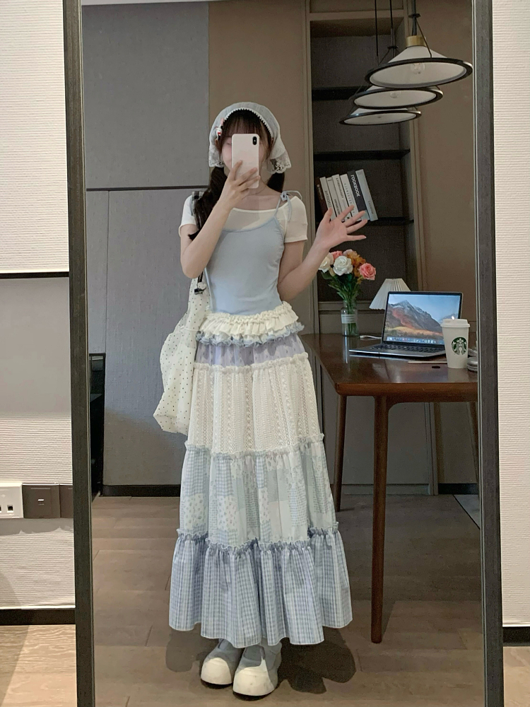 High-Waisted Sweet Gradient Spliced Cake Skirt - Slimming Mid-Length Design for Spring Summer Fashion High-Waisted Sweet Gradient Spliced Cake Skirt - Slimming Mid-Length Design for Spring Summer Fashion