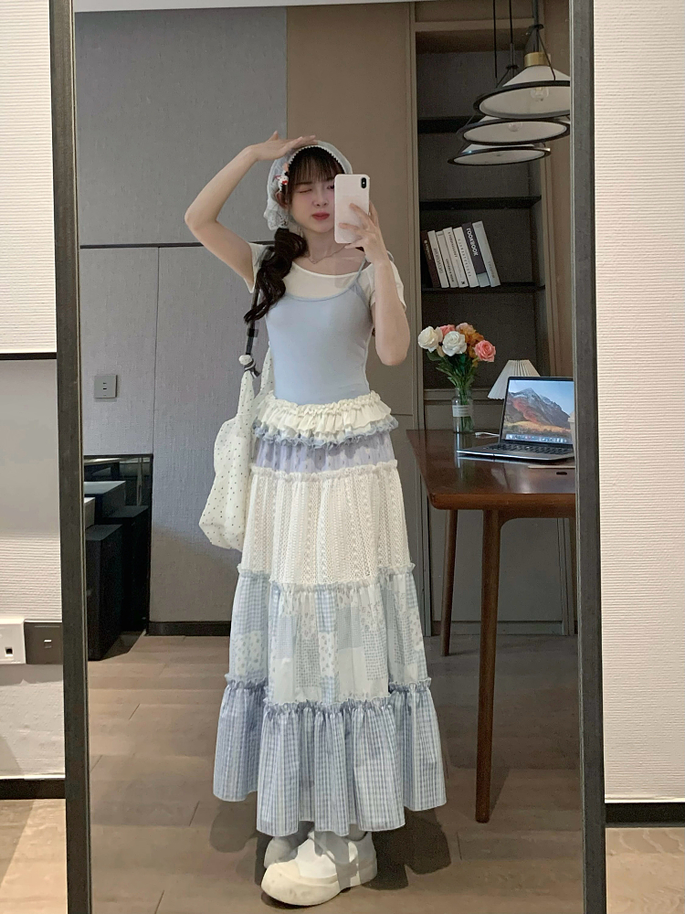 High-Waisted Sweet Gradient Spliced Cake Skirt - Slimming Mid-Length Design for Spring Summer Fashion