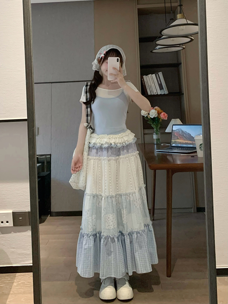 High-Waisted Sweet Gradient Spliced Cake Skirt - Slimming Mid-Length Design for Spring Summer Fashion High-Waisted Sweet Gradient Spliced Cake Skirt - Slimming Mid-Length Design for Spring Summer Fashion