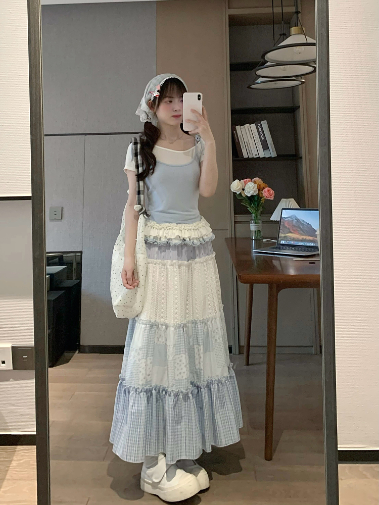 High-Waisted Sweet Gradient Spliced Cake Skirt - Slimming Mid-Length Design for Spring Summer Fashion