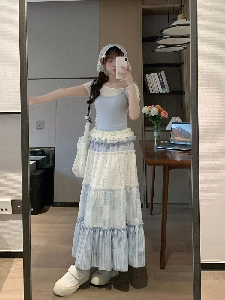 High-Waisted Sweet Gradient Spliced Cake Skirt - Slimming Mid-Length Design for Spring Summer Fashion High-Waisted Sweet Gradient Spliced Cake Skirt - Slimming Mid-Length Design for Spring Summer Fashion