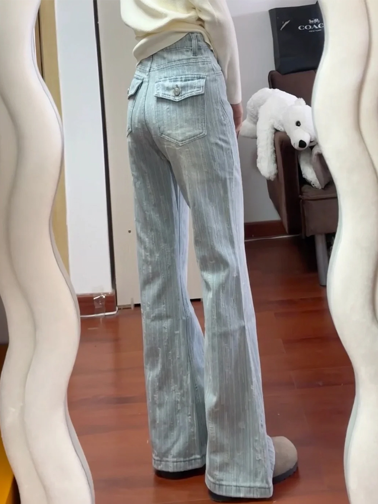 High-Waisted Textured Jacquard Flared Jeans for Women - 2025 Spring/Summer Light-Colored Bell-Bottoms, Slim Fit, Non-Cling Design