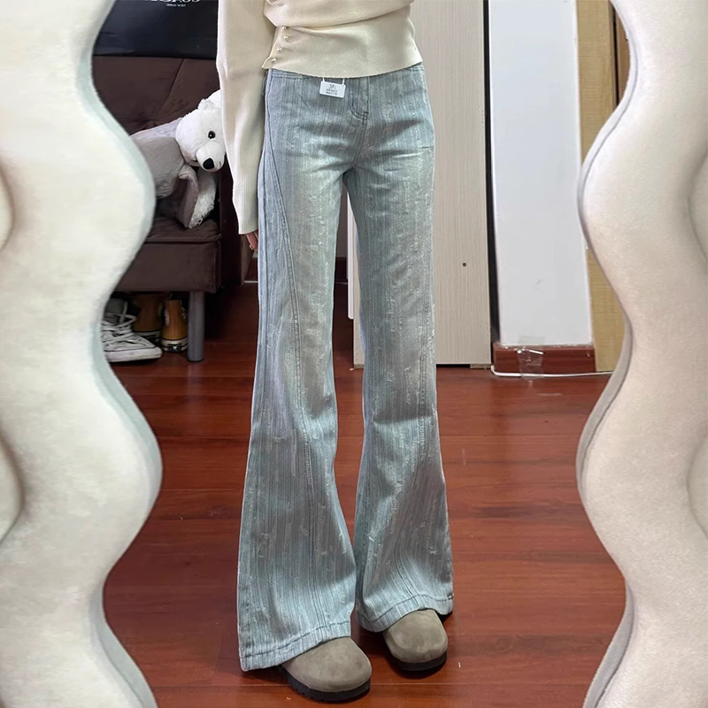 High-Waisted Textured Jacquard Flared Jeans for Women - 2025 Spring/Summer Light-Colored Bell-Bottoms, Slim Fit, Non-Cling Design