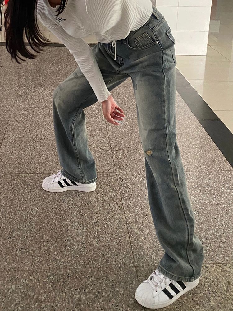 High-Waisted Vintage Distressed Wide-Leg Jeans for Women - Flattering Loose-Fitting Summer Style, Versatile Straight-Leg Pants