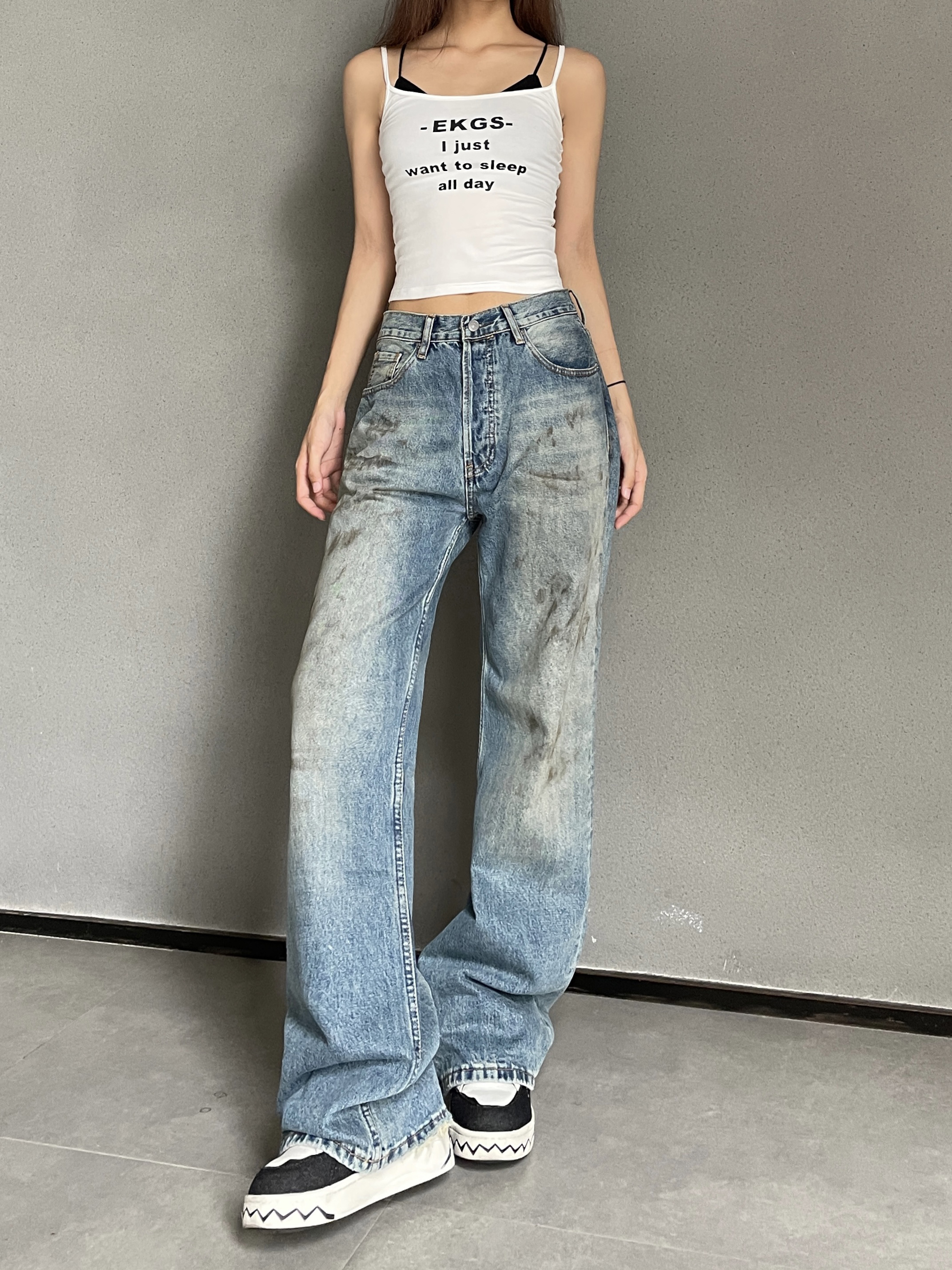 High-Waisted Vintage Straight-Leg Jeans for Women - Kylie-Style European American Fashion, Distressed Wash, Trendy Y2K Look High-Waisted Vintage Straight-Leg Jeans for Women - Kylie-Style European American Fashion, Distressed Wash, Trendy Y2K Look