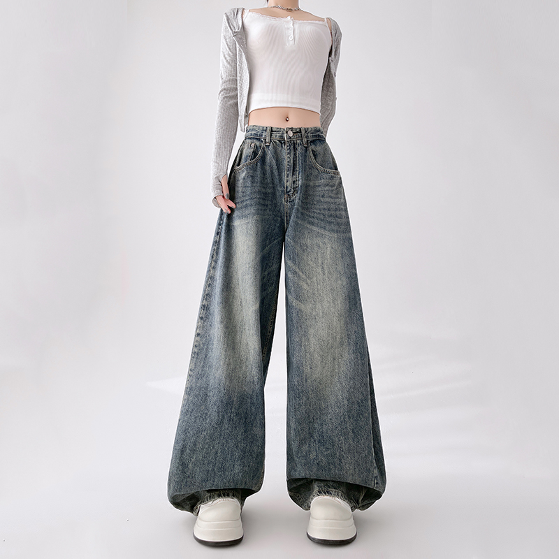 High-Waisted Vintage Washed Wide-Leg Jeans for Women, Slimming Draped Casual Pants, Spring Autumn Fashion 2025