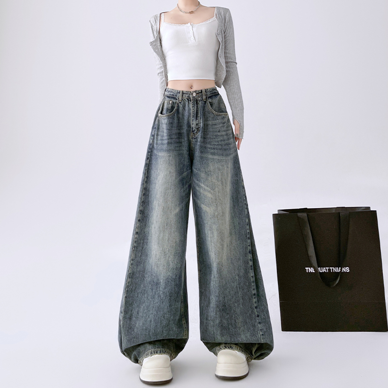 High-Waisted Vintage Washed Wide-Leg Jeans for Women, Slimming Draped Casual Pants, Spring Autumn Fashion 2025 High-Waisted Vintage Washed Wide-Leg Jeans for Women, Slimming Draped Casual Pants, Spring Autumn Fashion 2025