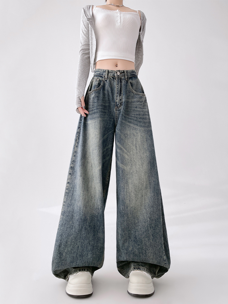 High-Waisted Vintage Washed Wide-Leg Jeans for Women, Slimming Draped Casual Pants, Spring Autumn Fashion 2025 High-Waisted Vintage Washed Wide-Leg Jeans for Women, Slimming Draped Casual Pants, Spring Autumn Fashion 2025