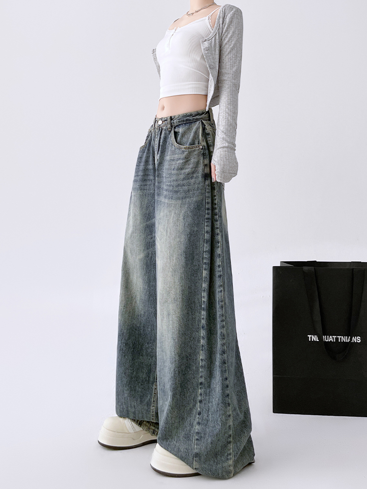 High-Waisted Vintage Washed Wide-Leg Jeans for Women, Slimming Draped Casual Pants, Spring Autumn Fashion 2025 High-Waisted Vintage Washed Wide-Leg Jeans for Women, Slimming Draped Casual Pants, Spring Autumn Fashion 2025