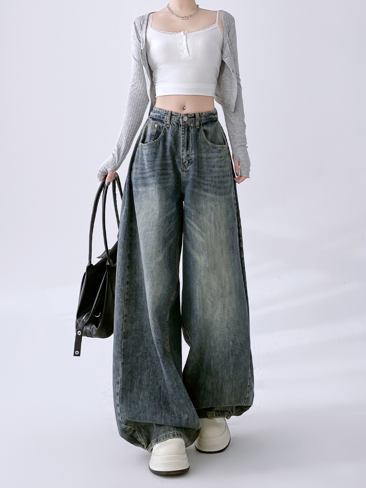 High-Waisted Vintage Washed Wide-Leg Jeans for Women, Slimming Draped Casual Pants, Spring Autumn Fashion 2025 High-Waisted Vintage Washed Wide-Leg Jeans for Women, Slimming Draped Casual Pants, Spring Autumn Fashion 2025