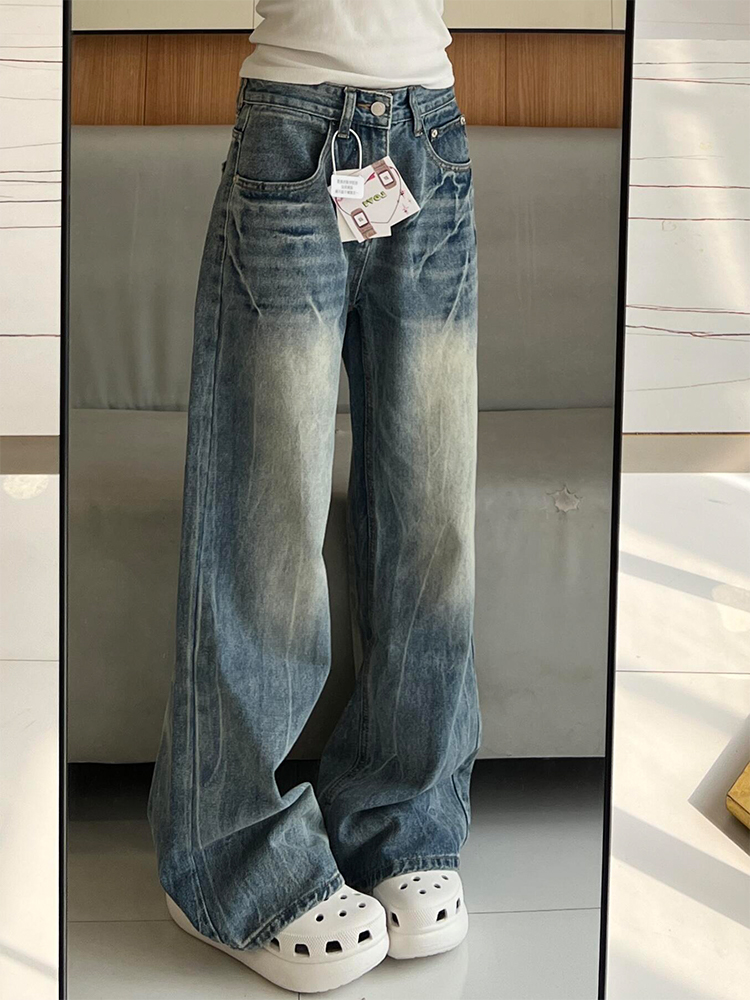 High-Waisted Water-Washed Lightning Pattern Wide-Leg Jeans for Women - Loose-Fitting Summer Fashion, Slimming Straight-Leg Style High-Waisted Water-Washed Lightning Pattern Wide-Leg Jeans for Women - Loose-Fitting Summer Fashion, Slimming Straight-Leg Style