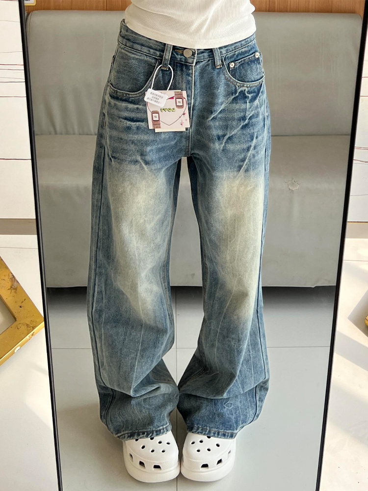 High-Waisted Water-Washed Lightning Pattern Wide-Leg Jeans for Women - Loose-Fitting Summer Fashion, Slimming Straight-Leg Style High-Waisted Water-Washed Lightning Pattern Wide-Leg Jeans for Women - Loose-Fitting Summer Fashion, Slimming Straight-Leg Style