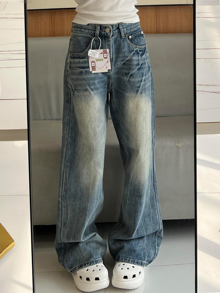 High-Waisted Water-Washed Lightning Pattern Wide-Leg Jeans for Women - Loose-Fitting Summer Fashion, Slimming Straight-Leg Style
