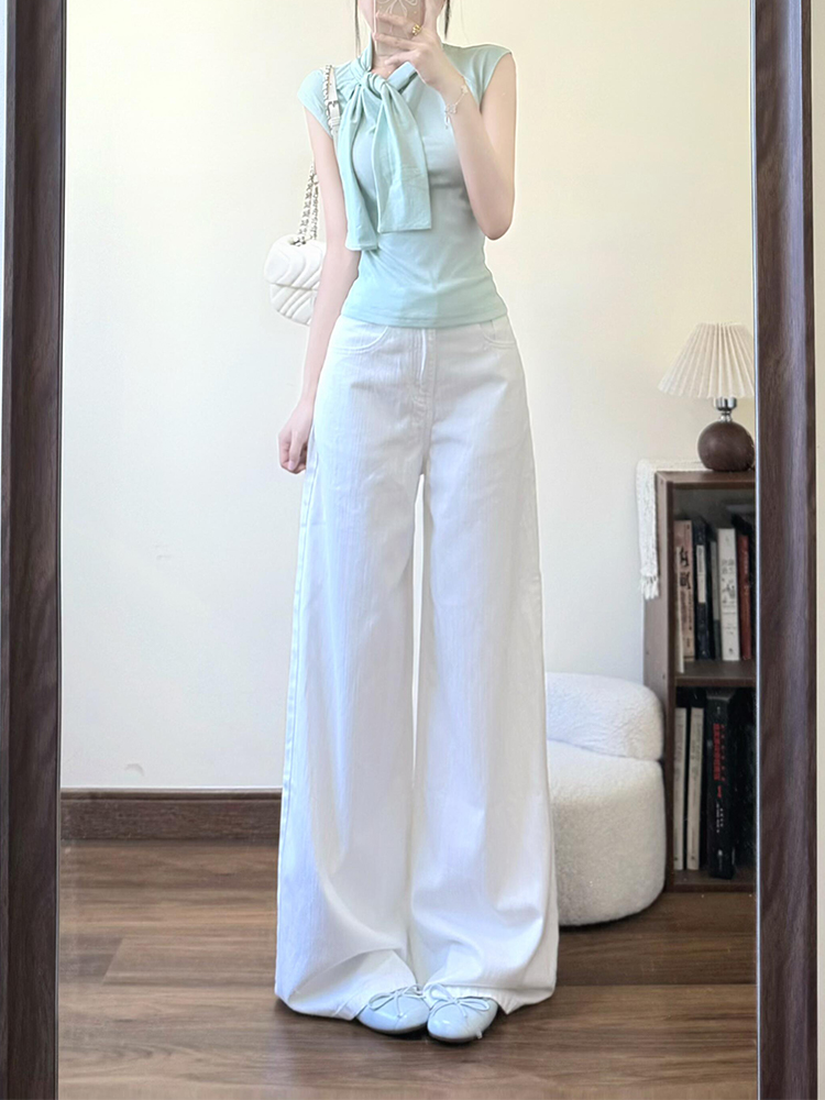 High-Waisted White Draped Jeans for Women - 2025 Summer Loose Wide-Leg Pants Flattering for Pear-Shaped Figures