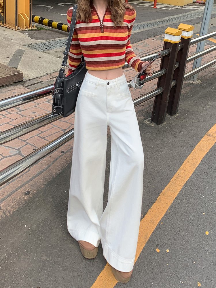 High-Waisted White Flared Wide-Leg Jeans for Women - 2025 Spring Slim Fit Loose Straight Pants, Trendy Casual Style High-Waisted White Flared Wide-Leg Jeans for Women - 2025 Spring Slim Fit Loose Straight Pants, Trendy Casual Style